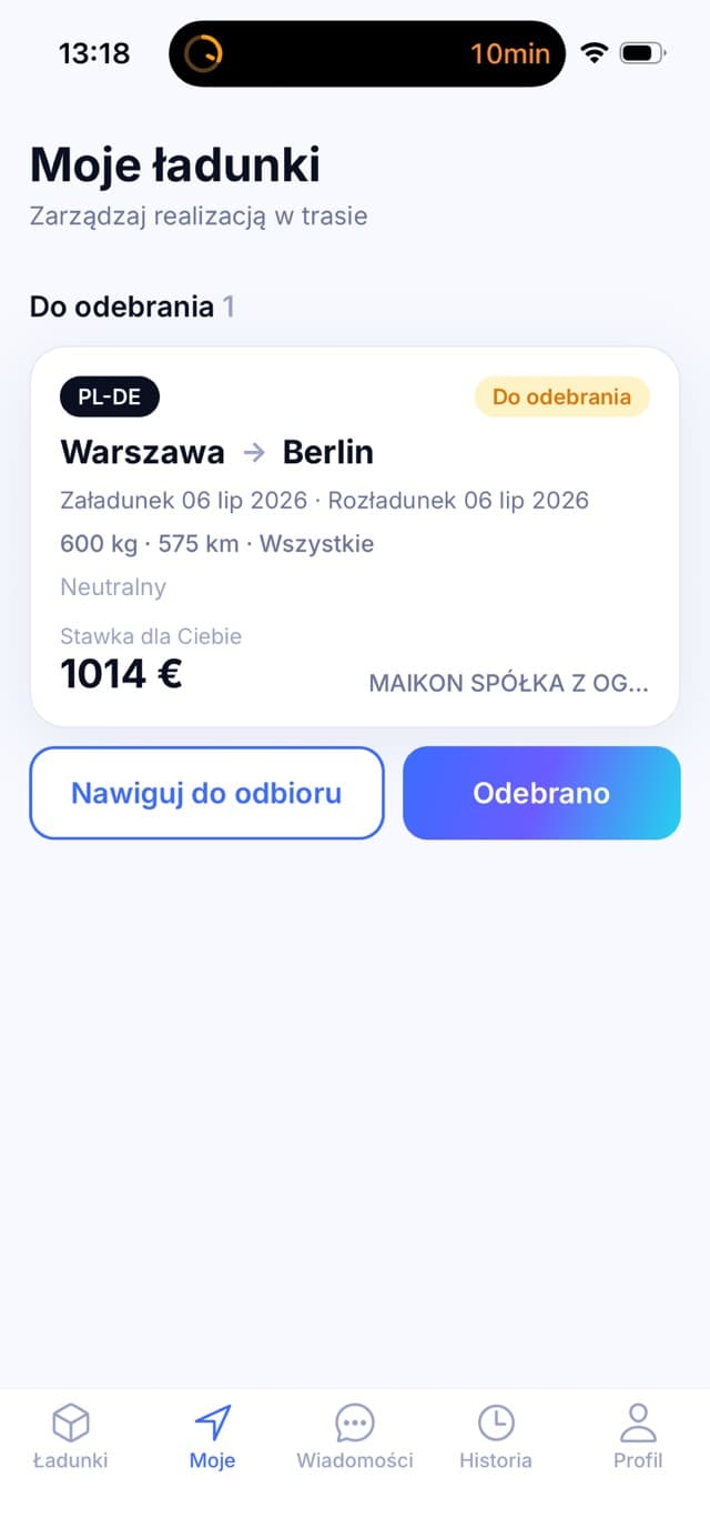 Rzeczywisty ekran aplikacji TransApp: Moje ładunki, trasa i obsługa odbioru